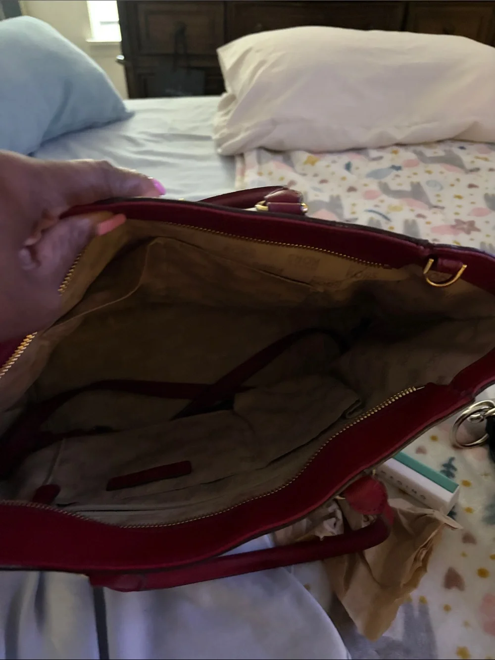 Michael Kors Brown Signature Tote with Red Leather Trim